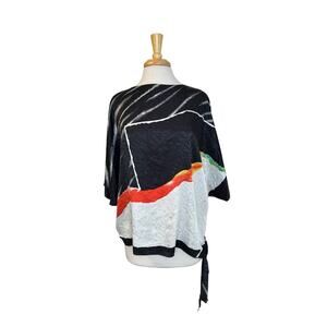 Vintage 80s Mod Art Side Tie Blouse Sz Medium Black Colorful SIASIA Made in USA